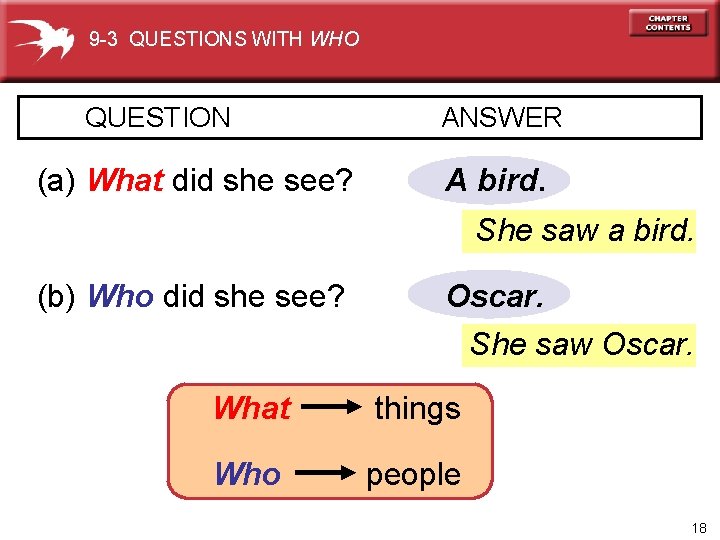 9 -3 QUESTIONS WITH WHO QUESTION (a) What did she see? ANSWER A bird.