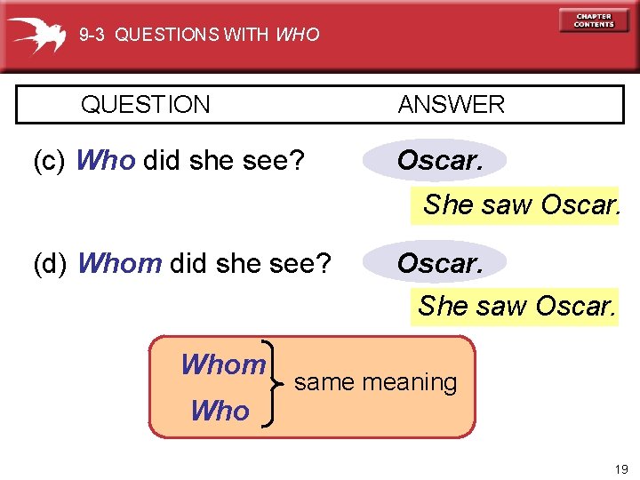 9 -3 QUESTIONS WITH WHO QUESTION ANSWER (c) Who did she see? Oscar. She