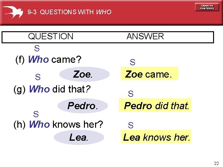 9 -3 QUESTIONS WITH WHO QUESTION S (f) Who came? Zoe. S (g) Who