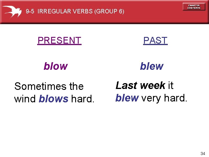 9 -5 IRREGULAR VERBS (GROUP 6) PRESENT PAST blow blew Sometimes the wind blows