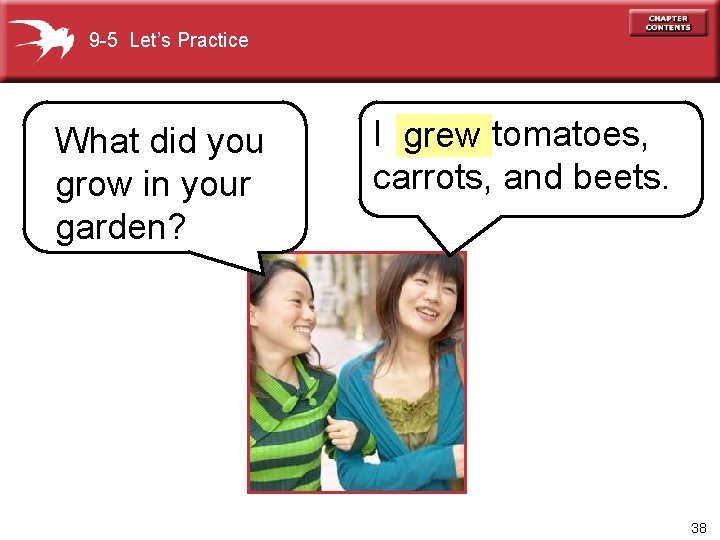 9 -5 Let’s Practice What did you grow in your garden? I grew tomatoes,