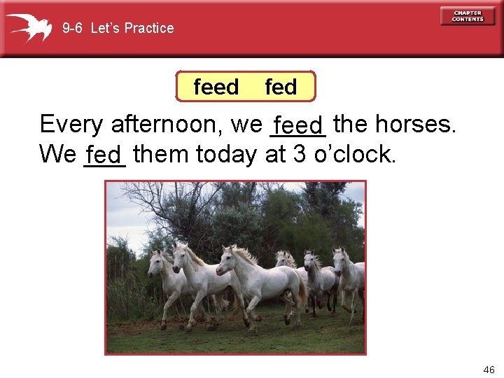 9 -6 Let’s Practice feed fed Every afternoon, we ____ feed the horses. We