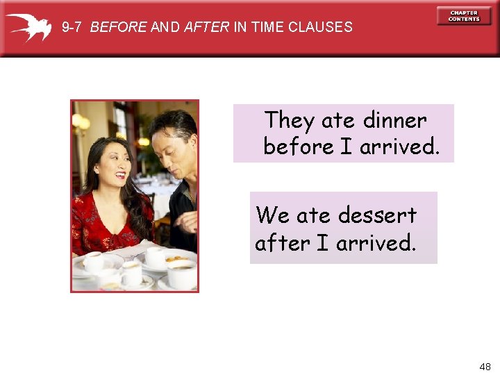 9 -7 BEFORE AND AFTER IN TIME CLAUSES They ate dinner before I arrived.