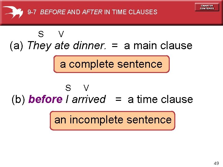 9 -7 BEFORE AND AFTER IN TIME CLAUSES S V (a) They ate dinner.