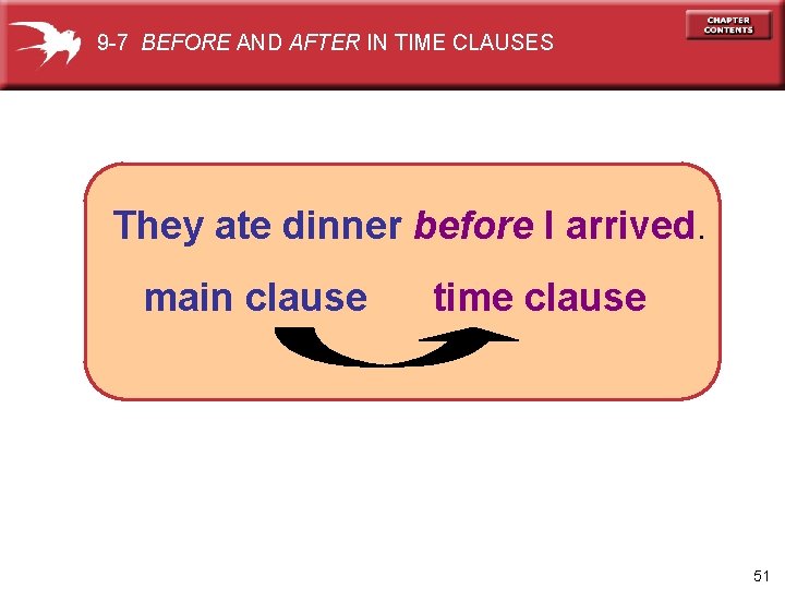 9 -7 BEFORE AND AFTER IN TIME CLAUSES They ate dinner before I arrived.