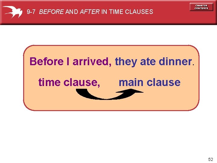 9 -7 BEFORE AND AFTER IN TIME CLAUSES Before I arrived, they ate dinner.