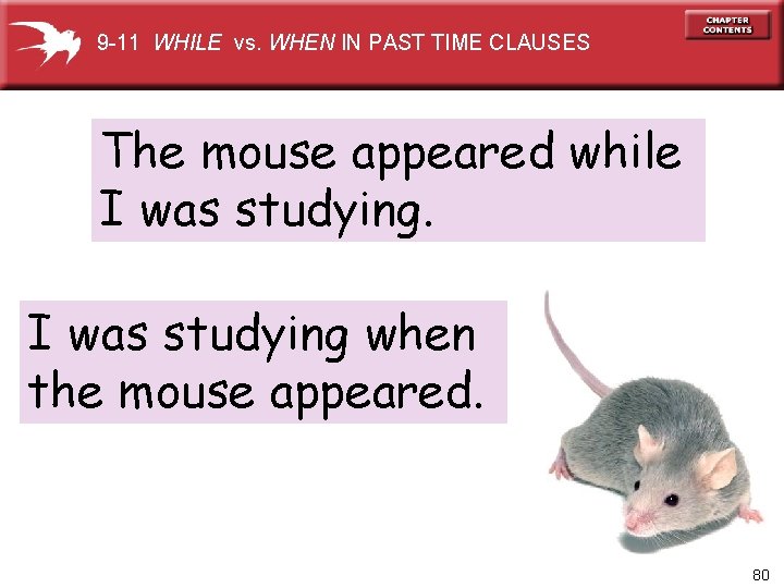 9 -11 WHILE vs. WHEN IN PAST TIME CLAUSES The mouse appeared while I
