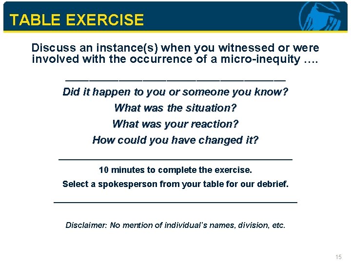 TABLE EXERCISE Discuss an instance(s) when you witnessed or were involved with the occurrence
