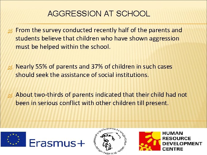 AGGRESSION AT SCHOOL From the survey conducted recently half of the parents and students