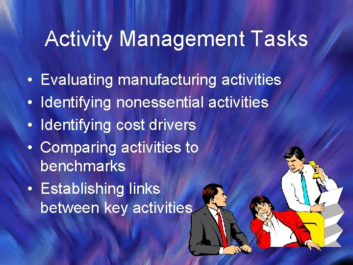 Activity Management Tasks • • Evaluating manufacturing activities Identifying nonessential activities Identifying cost drivers