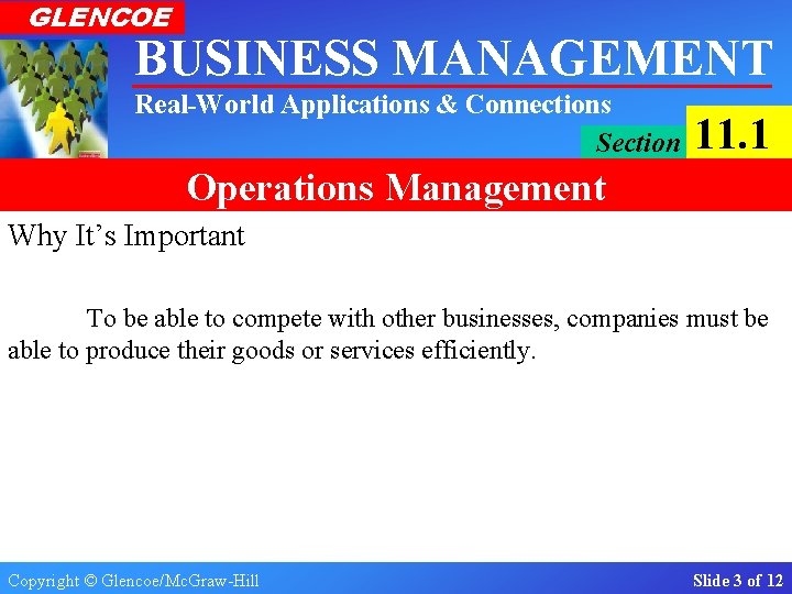 GLENCOE BUSINESS MANAGEMENT Real-World Applications & Connections Section 11. 1 Operations Management Why It’s