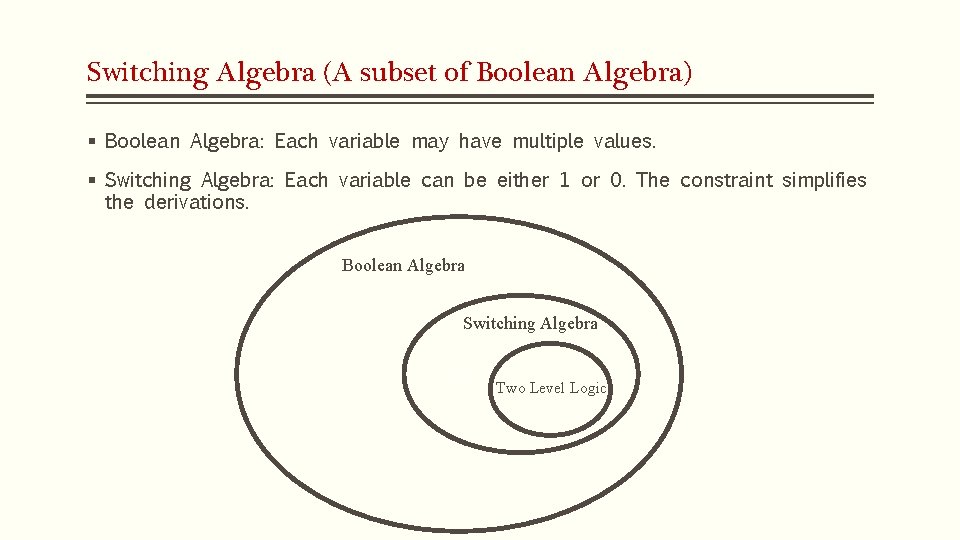 Switching Algebra (A subset of Boolean Algebra) § Boolean Algebra: Each variable may have