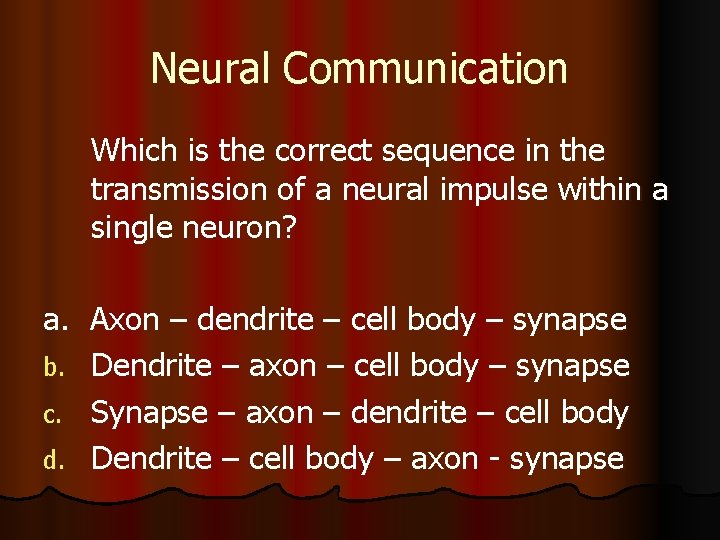 Neural Communication Which is the correct sequence in the transmission of a neural impulse