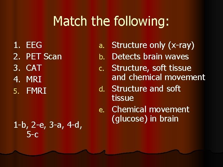 Match the following: 1. 2. 3. 4. EEG PET Scan CAT MRI 5. FMRI