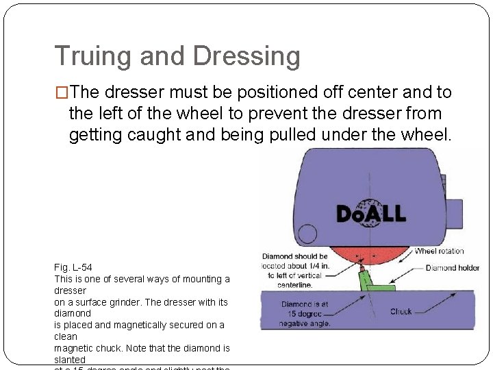 TRUING, BALANCING & DRESSING Truing and Dressing �The dresser must be positioned off center