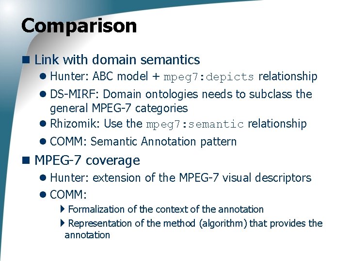 Comparison n Link with domain semantics l Hunter: ABC model + mpeg 7: depicts