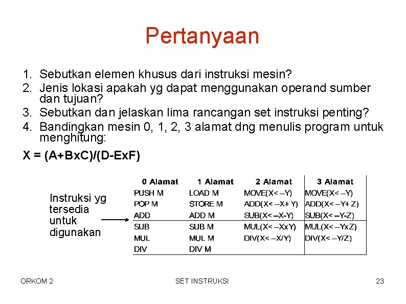 Pertanyaan 1. Sebutkan elemen khusus dari instruksi mesin? 2. Jenis lokasi apakah yg dapat Pertanyaan 1. Sebutkan elemen khusus dari instruksi mesin? 2. Jenis lokasi apakah yg dapat