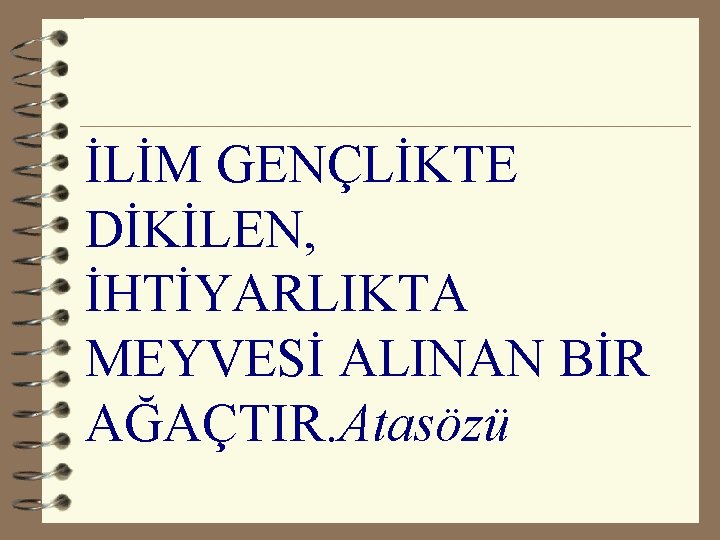 İLİM GENÇLİKTE DİKİLEN, İHTİYARLIKTA MEYVESİ ALINAN BİR AĞAÇTIR. Atasözü 