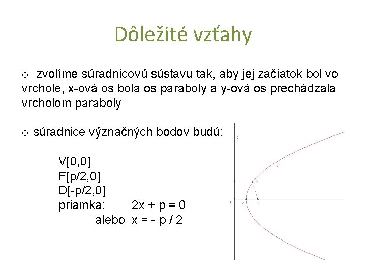 Dôležité vzťahy o zvolíme súradnicovú sústavu tak, aby jej začiatok bol vo vrchole, x-ová Dôležité vzťahy o zvolíme súradnicovú sústavu tak, aby jej začiatok bol vo vrchole, x-ová
