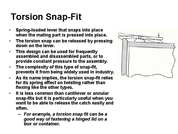 Torsion Snap-Fit • • • Spring-loaded lever that snaps into place when the mating