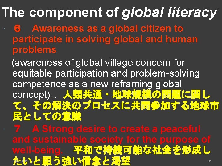 The component of global literacy ６　Awareness as a global citizen to participate in solving