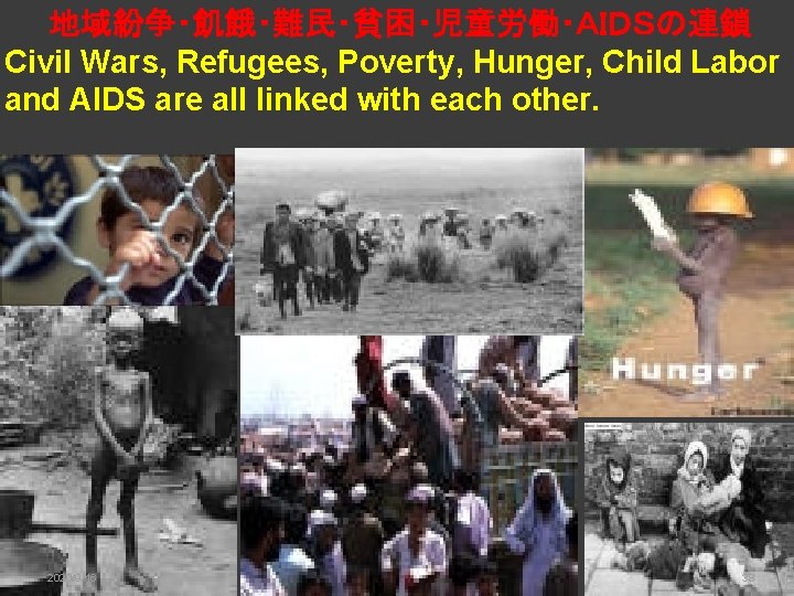 地域紛争・飢餓・難民・貧困・児童労働・ＡＩＤＳの連鎖 　 Civil Wars, Refugees, Poverty, Hunger, Child Labor and AIDS are all linked