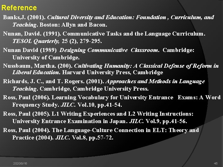 Reference Banks, J. (2001). Cultural Diversity and Education: Foundation , Curriculum, and Teaching. Boston: