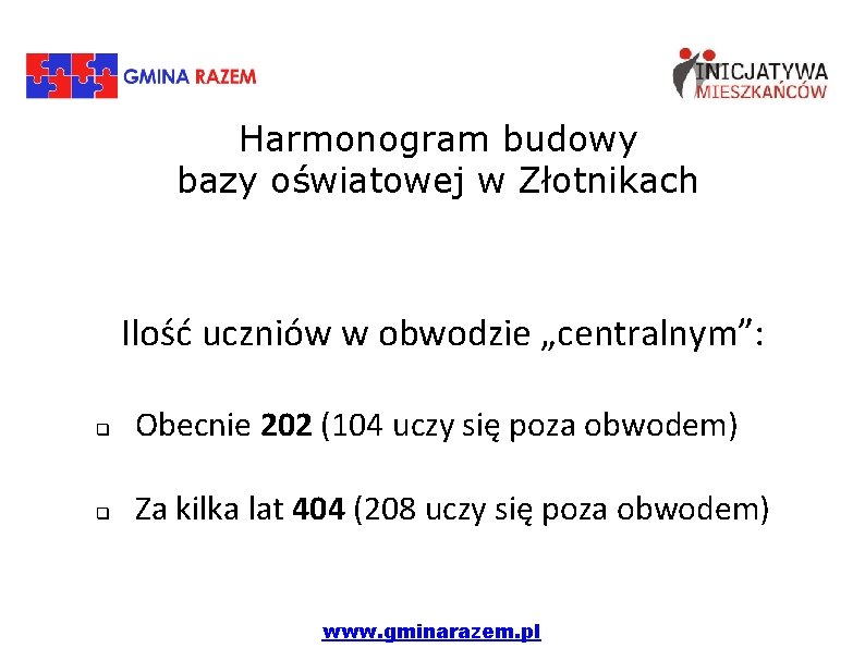 Harmonogram budowy bazy oświatowej w Złotnikach Ilość uczniów w obwodzie „centralnym”: q Obecnie 202