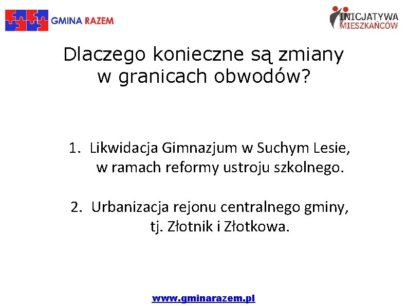 Dlaczego konieczne są zmiany w granicach obwodów? 1. Likwidacja Gimnazjum w Suchym Lesie, w