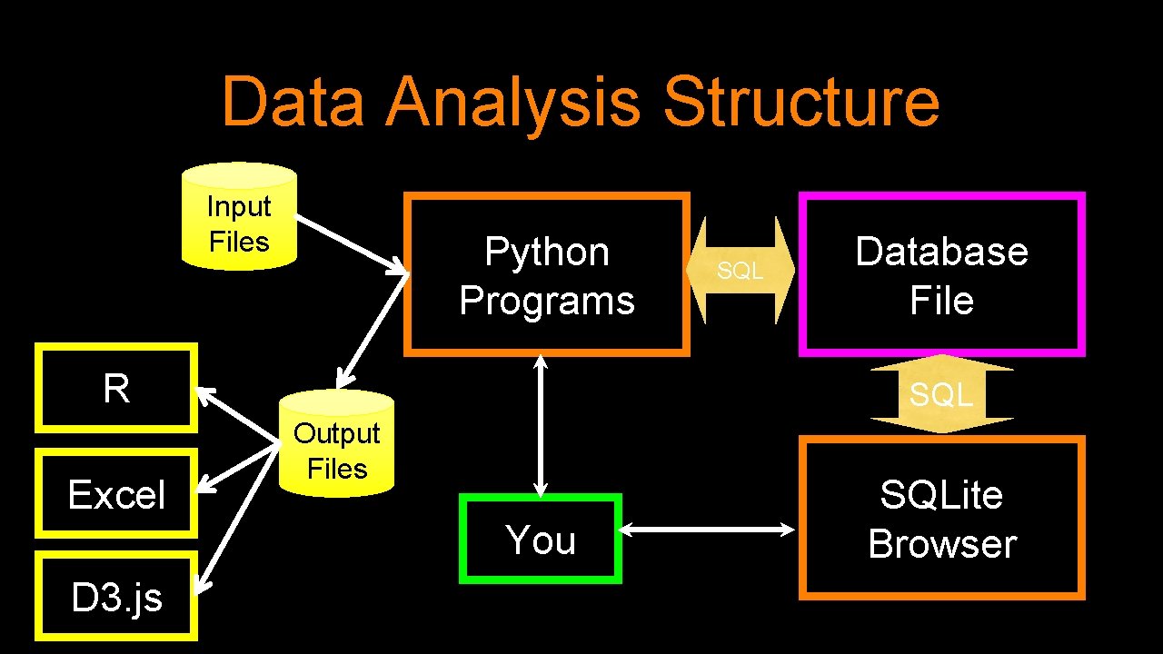 Data Analysis Structure Input Files Python Programs R Excel D 3. js SQL Database