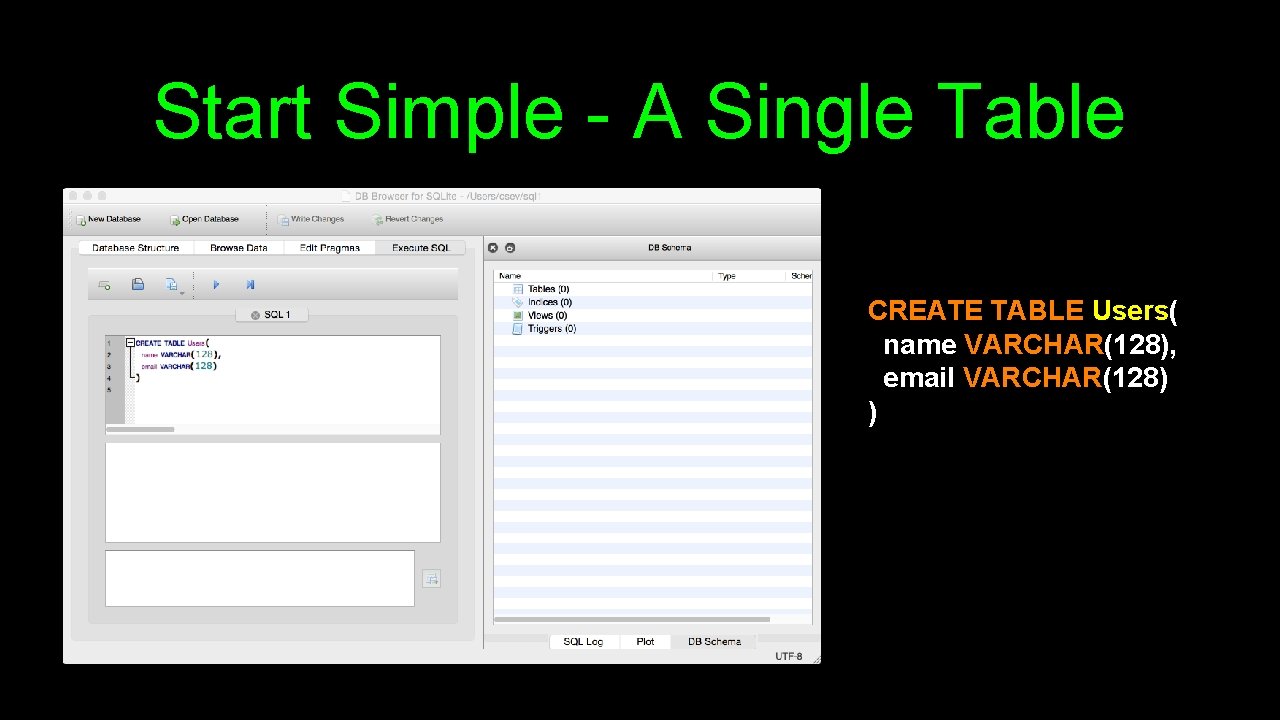 Start Simple - A Single Table CREATE TABLE Users( name VARCHAR(128), email VARCHAR(128) ) Start Simple - A Single Table CREATE TABLE Users( name VARCHAR(128), email VARCHAR(128) )