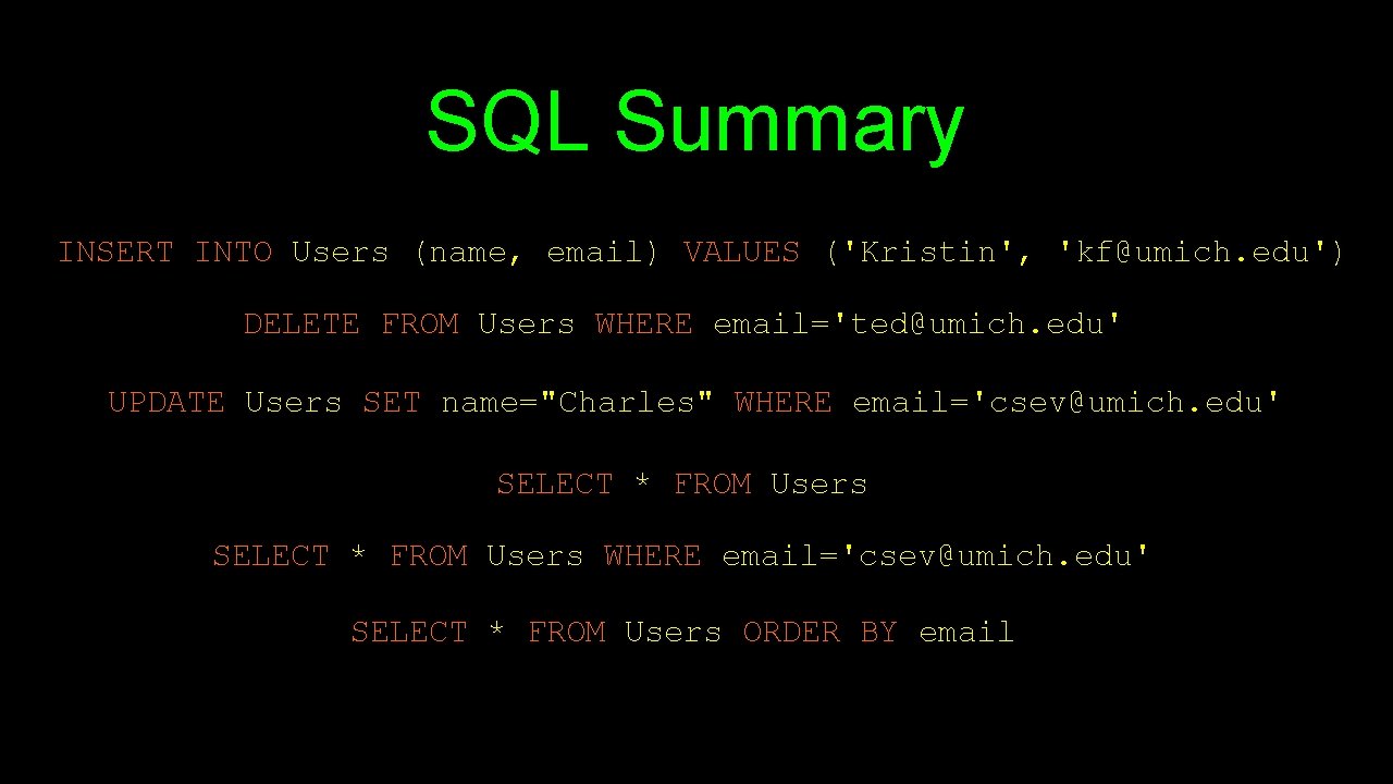 SQL Summary INSERT INTO Users (name, email) VALUES ('Kristin', 'kf@umich. edu') DELETE FROM Users SQL Summary INSERT INTO Users (name, email) VALUES ('Kristin', 'kf@umich. edu') DELETE FROM Users