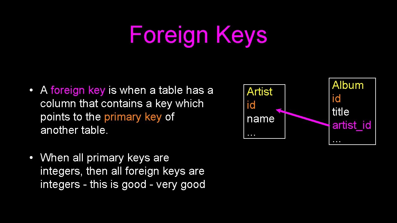 Foreign Keys • A foreign key is when a table has a column that