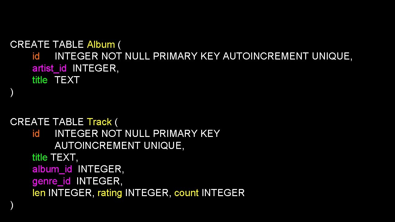 CREATE TABLE Album ( id INTEGER NOT NULL PRIMARY KEY AUTOINCREMENT UNIQUE, artist_id INTEGER,