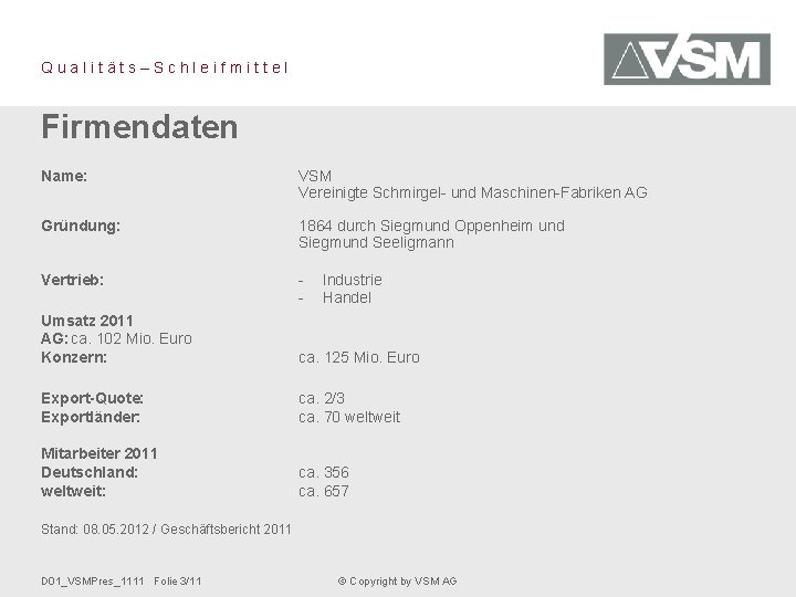 Qualitäts–Schleifmittel Firmendaten Name: VSM Vereinigte Schmirgel- und Maschinen-Fabriken AG Gründung: 1864 durch Siegmund Oppenheim
