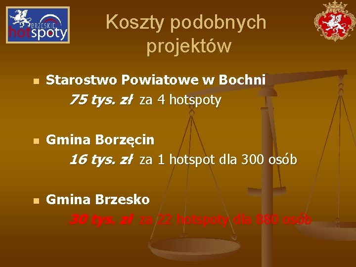 Koszty podobnych projektów n n n Starostwo Powiatowe w Bochni 75 tys. zł za