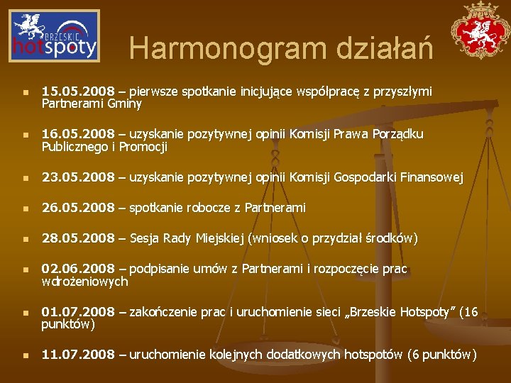 Harmonogram działań n 15. 05. 2008 – pierwsze spotkanie inicjujące współpracę z przyszłymi Partnerami