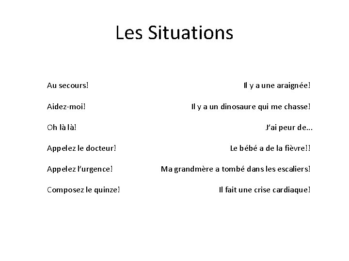 Les Situations Au secours! Aidez-moi! Oh là là! Appelez le docteur! Appelez l’urgence! Composez