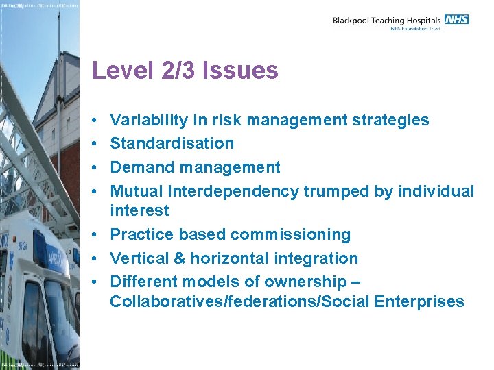 Level 2/3 Issues • • Variability in risk management strategies Standardisation Demand management Mutual