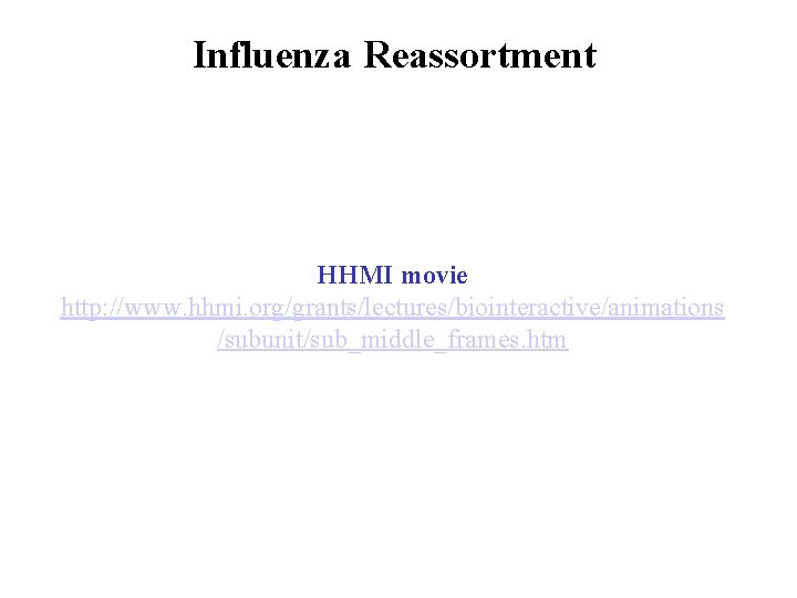 Influenza Reassortment HHMI movie http: //www. hhmi. org/grants/lectures/biointeractive/animations /subunit/sub_middle_frames. htm 