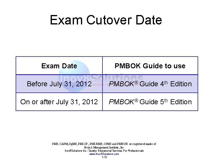 Exam Cutover Date Exam Date PMBOK Guide to use Before July 31, 2012 PMBOK®