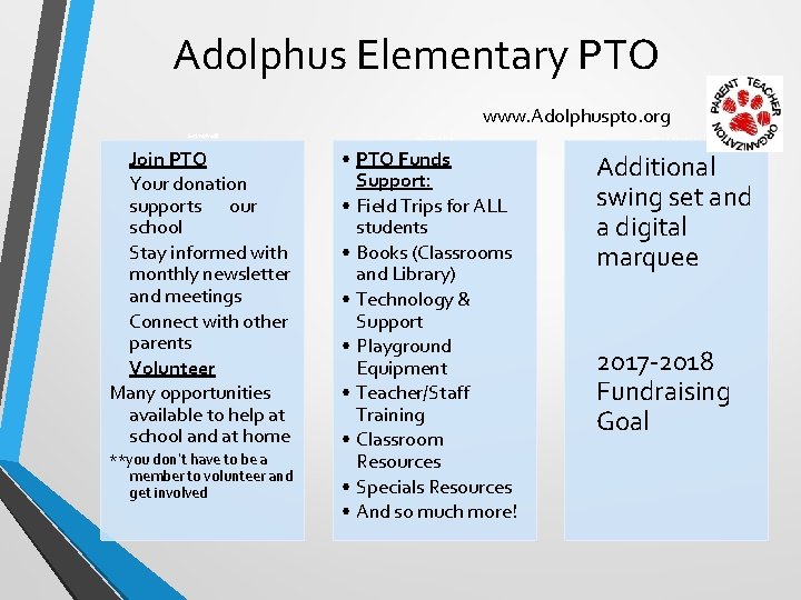 Adolphus Elementary PTO www. Adolphuspto. org Get Involved!! Join PTO Your donation supports our