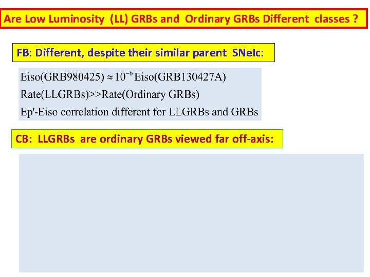 Are Low Luminosity (LL) GRBs and Ordinary GRBs Different classes ? FB: Different, despite