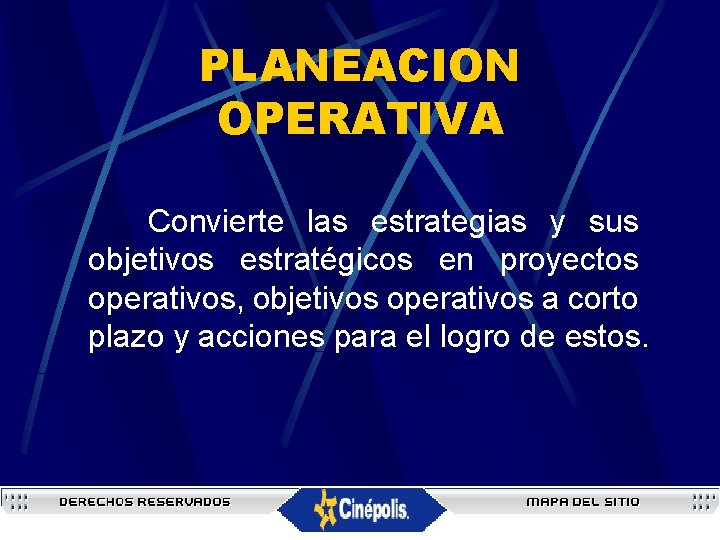 PLANEACION OPERATIVA Convierte las estrategias y sus objetivos estratégicos en proyectos operativos, objetivos operativos