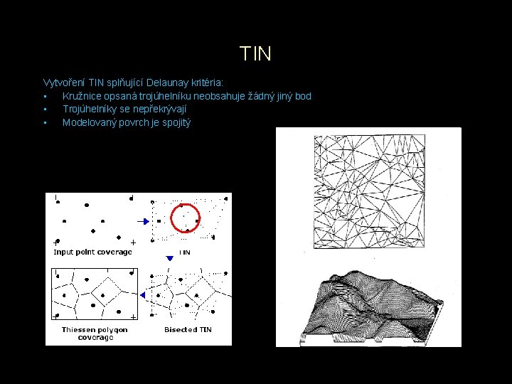 TIN Vytvoření TIN splňující Delaunay kritéria: • Kružnice opsaná trojúhelníku neobsahuje žádný jiný bod