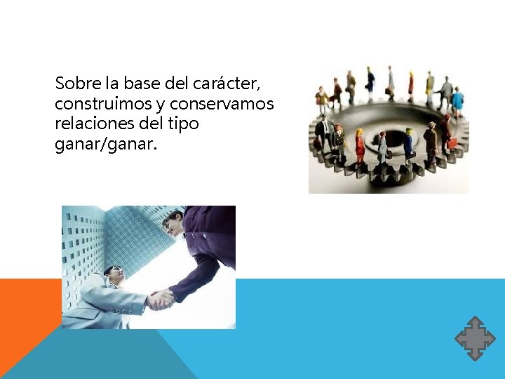 Sobre la base del carácter, construimos y conservamos relaciones del tipo ganar/ganar. Sobre la base del carácter, construimos y conservamos relaciones del tipo ganar/ganar.