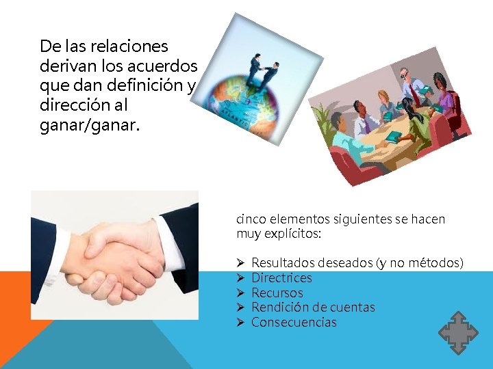 De las relaciones derivan los acuerdos que dan definición y dirección al ganar/ganar. cinco De las relaciones derivan los acuerdos que dan definición y dirección al ganar/ganar. cinco