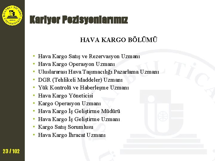 Kariyer Pozisyonlarımız HAVA KARGO BÖLÜMÜ • • • 23 / 102 Hava Kargo Satış