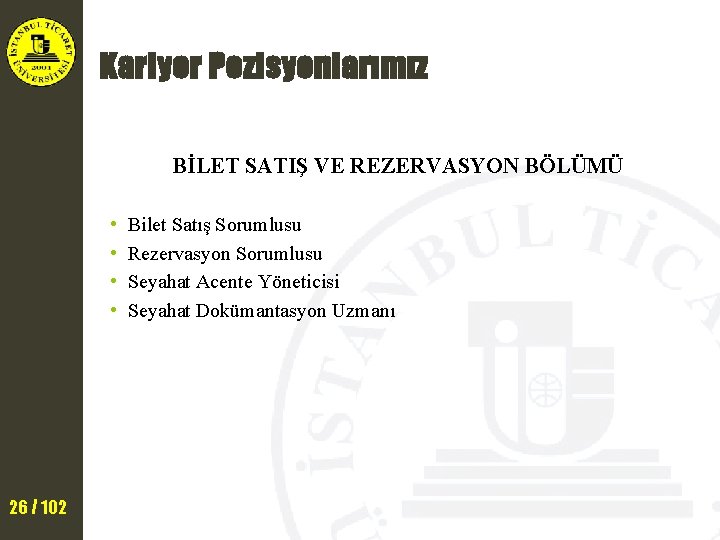 Kariyer Pozisyonlarımız BİLET SATIŞ VE REZERVASYON BÖLÜMÜ • • 26 / 102 Bilet Satış