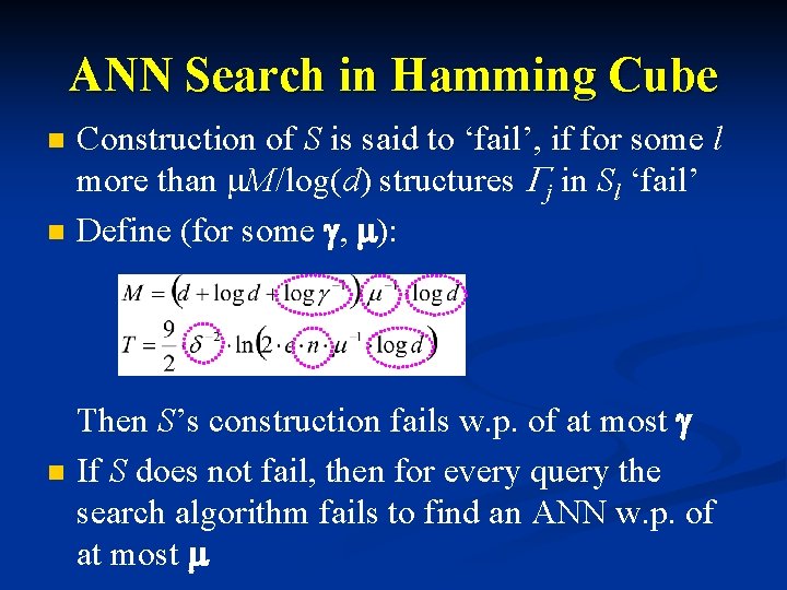 ANN Search in Hamming Cube n n n Construction of S is said to